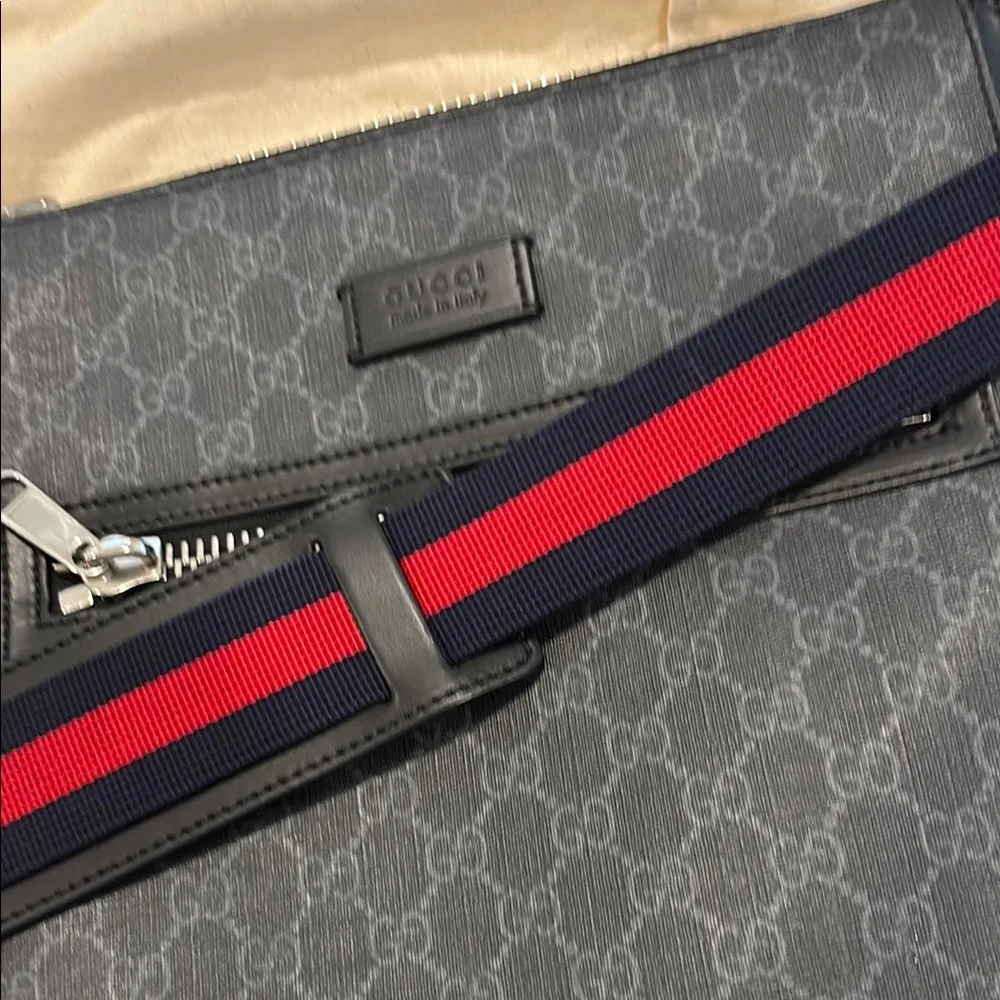 Gucci Black Messenger Bag with Monogram Canvas and Webbing Strap - Picture 9 of 16